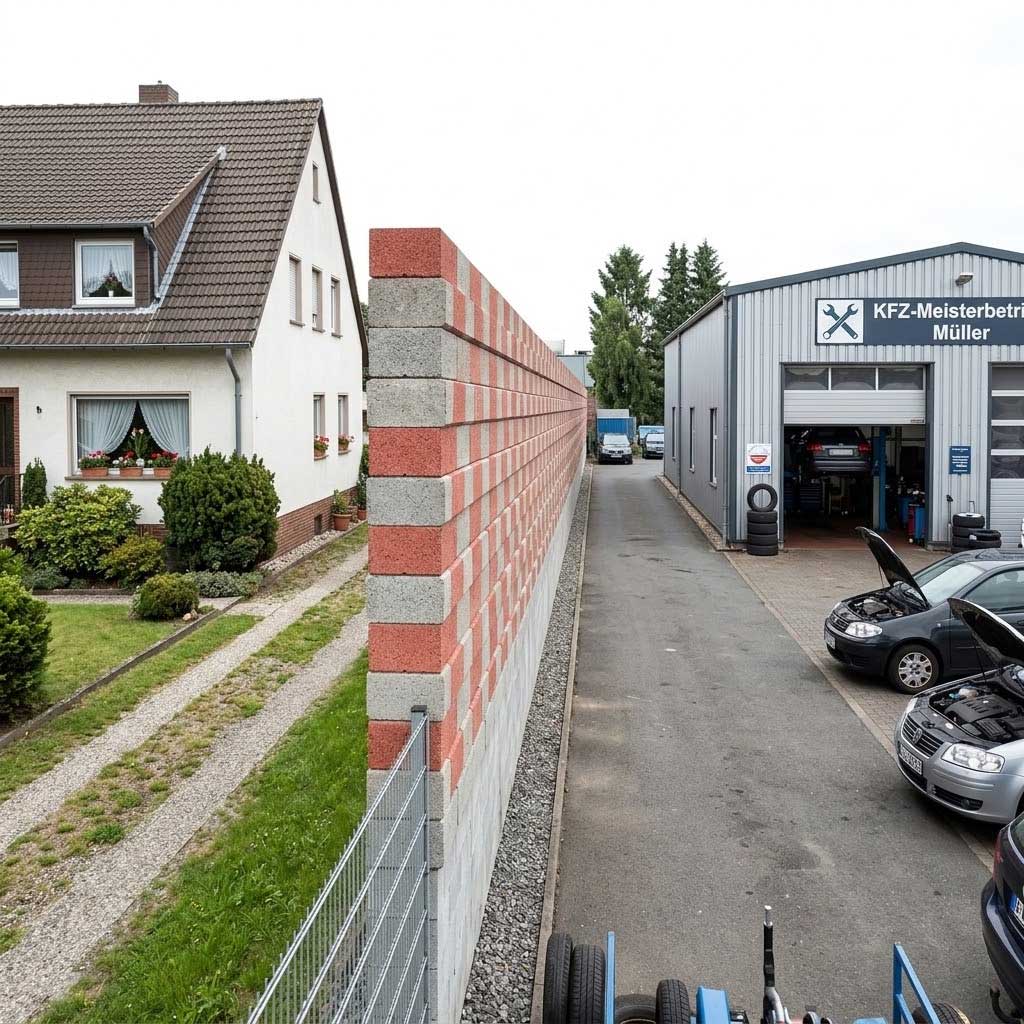 Lärmschutzwand bei Autowerkstatt – Baustelle an einer Straße