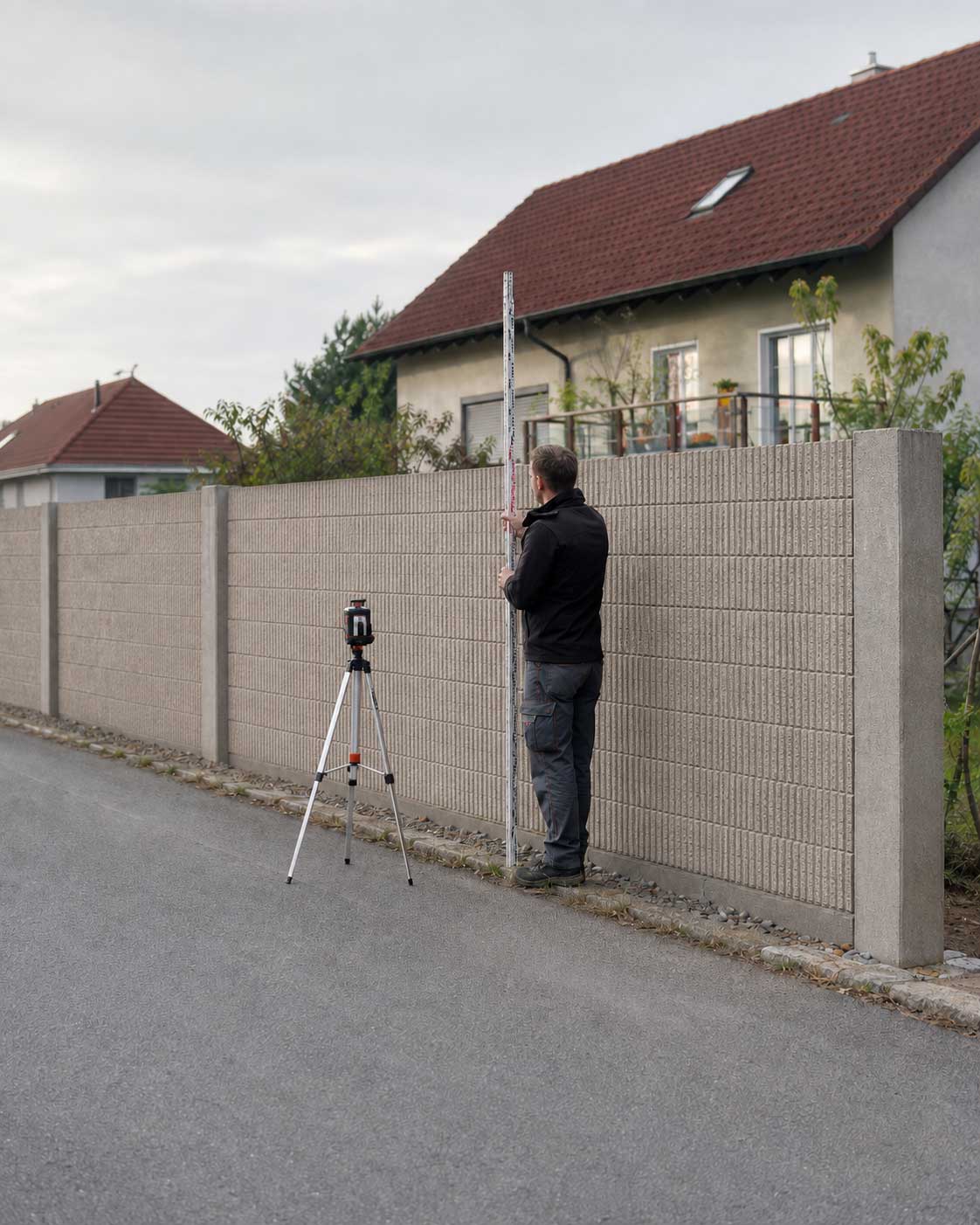 Vermessung der erforderlichen Höhe einer Lärmschutzwand aus Holzbeton