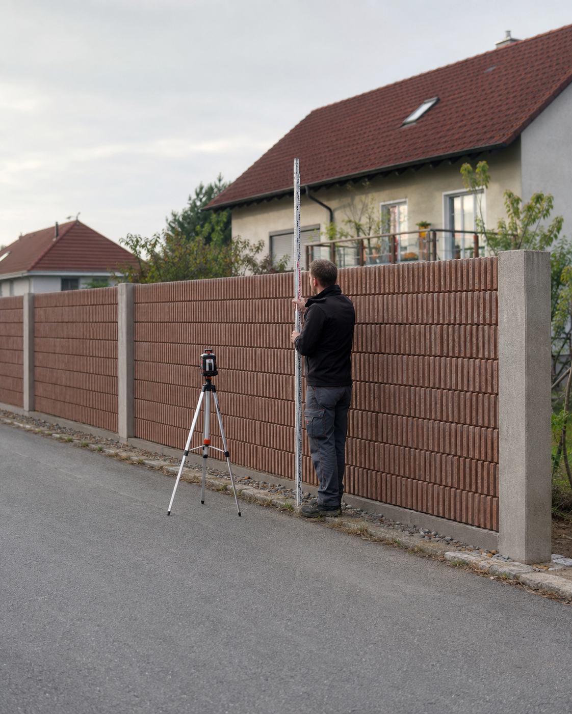 Bild: Vermessung Lärmschutzwand mit Leier Durisol Firmenlogo an einer Straße